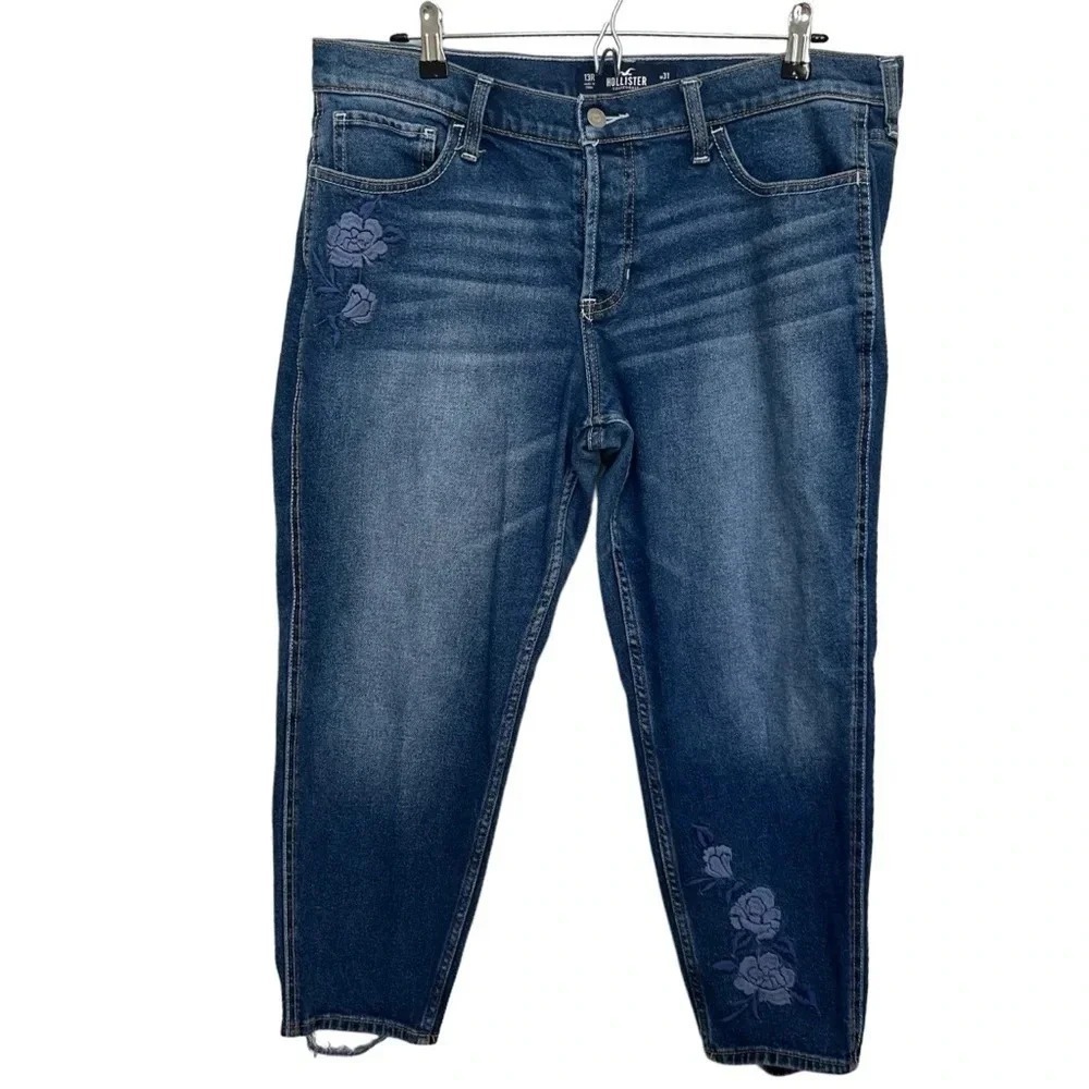 Hollister Low‎ Rise Boyfriend Jeans 13R Blue Floral Embroidered Vintage Stretch